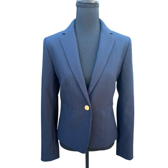 Ann Taylor Navy Wafle Textured Taylored Cinch Waist Jacket Blazer Office Siren 4 - Picture 1 of 14